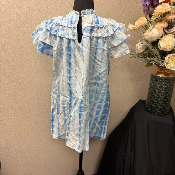 BiBi Blue Tie-Dye Ruffle Sleeve Blouse XL Boho Chic Summer Casual Top - Picture 3 of 8